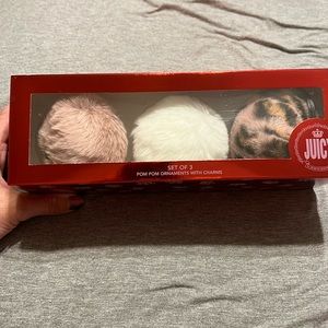 Juicy Couture 3pc Pompom ornaments w charms -pink leopard,pink,white
